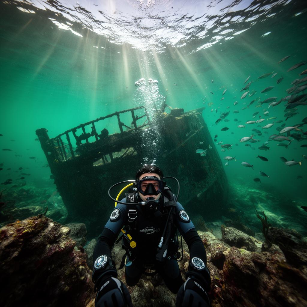 Scuba diver descending into crystal clear Gulf Coast water toward a shipwreck